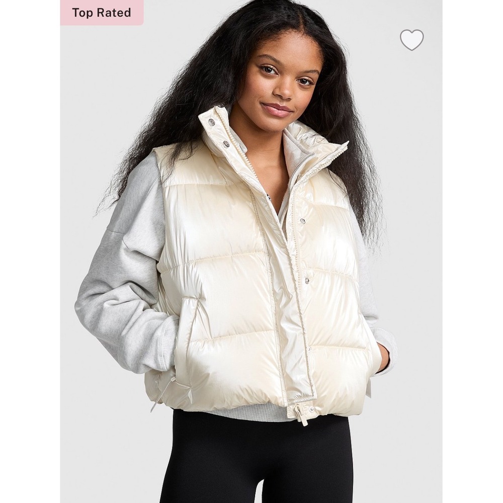 PINK Victoria's‎ Secret Puffer Vest Cropped Shiny Cream Full Zip XL Womens